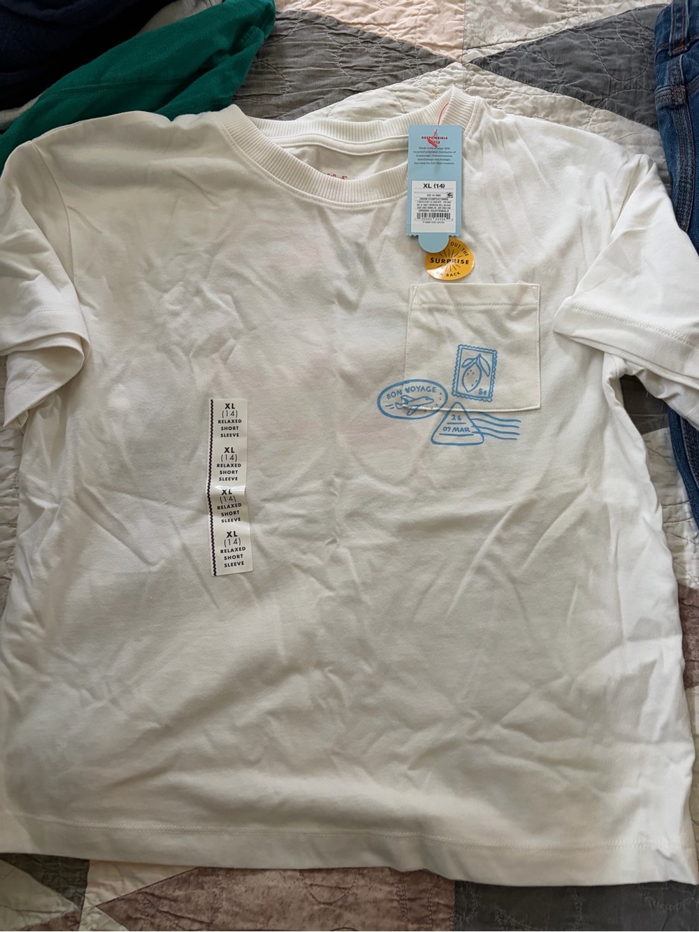 Cat & Jack White Long Sleeve Tee with Light Blue Travel Pocket Graphic